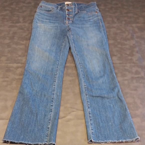 Madewell Cali Demi Boot Blue Straight Leg Jeans With Raw Hem - Picture 5 of 11